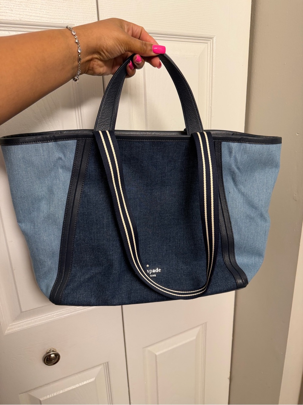 kate spade Two-Tone Denim Tote with Striped Strap